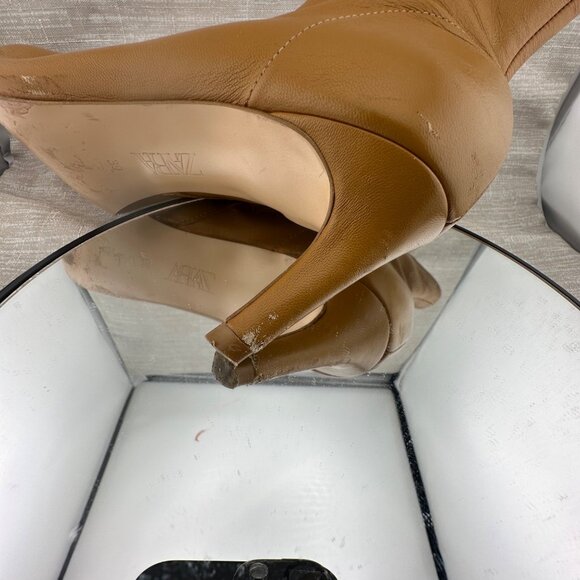 Zara Tan Pointed Toe Lace-Up Ankle Boot Women EU 39 US 8 Made in Spain Side Zip - Picture 8 of 13